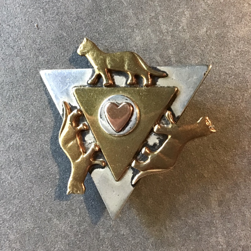 Copper and Sterling Silver Triangle Brooch with Cats